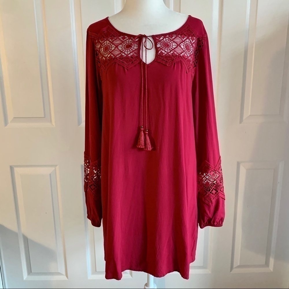 Express Red Boho Long Sleeve Tunic Dress